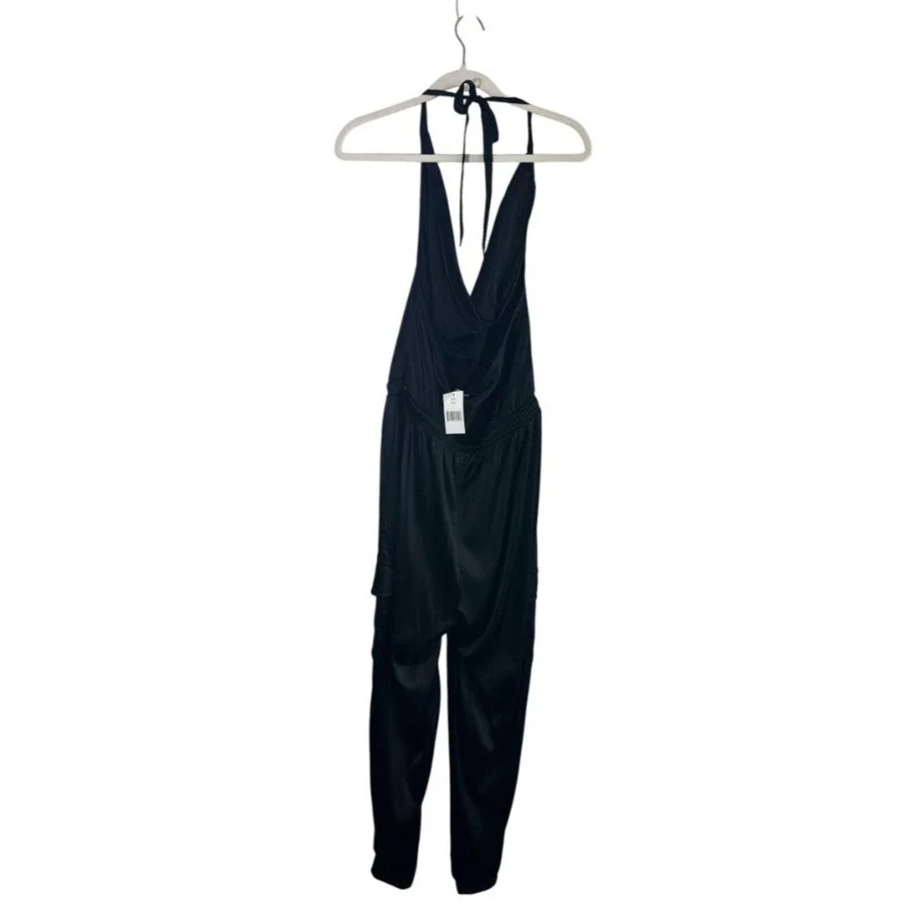 Cami NYC Silk Jumpsuit Jackie Halter Neck Sleeveless Black Women's sz L NWT